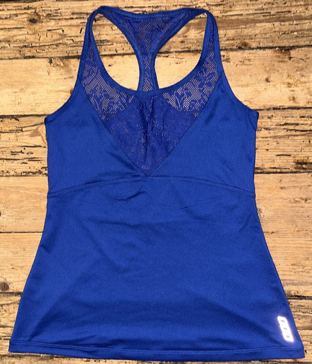Lorna Jane Size S Blue Floral Mesh Print Racer Back Active Tank